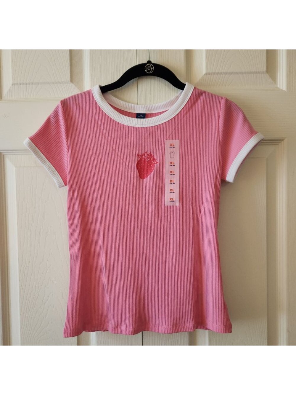 Pink Ribbed Strawberry Graphic Tee With White Trim Old Navy XL (14-16) Cotton Bl